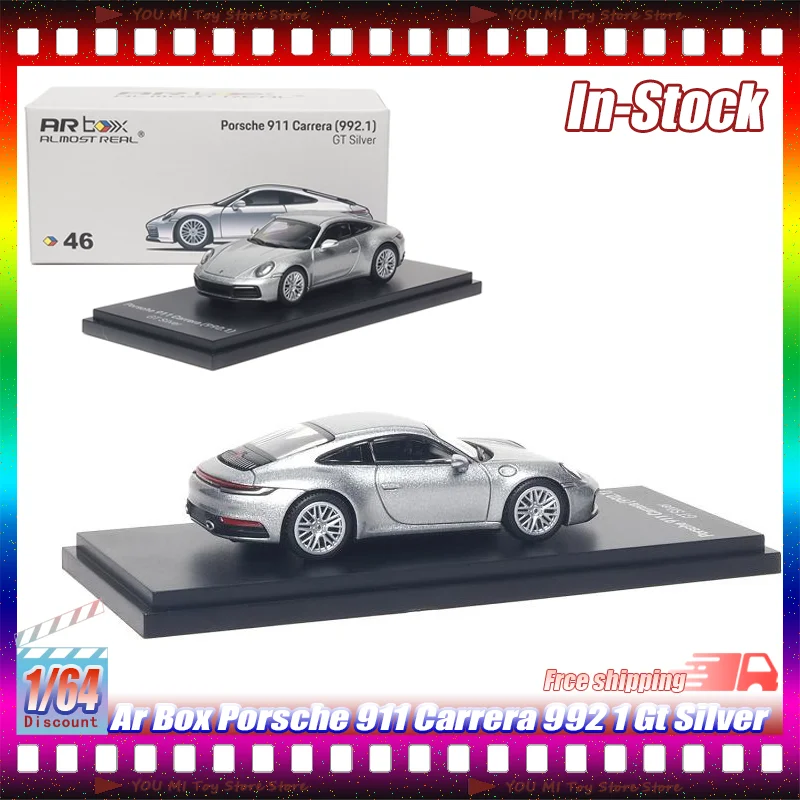 1-64合金製ほぼ実物大arボックスポルシェ911カレラ992-1-gtシルバーダイキャストカーモデル、コレクションディスプレイ、コレクターギフト用