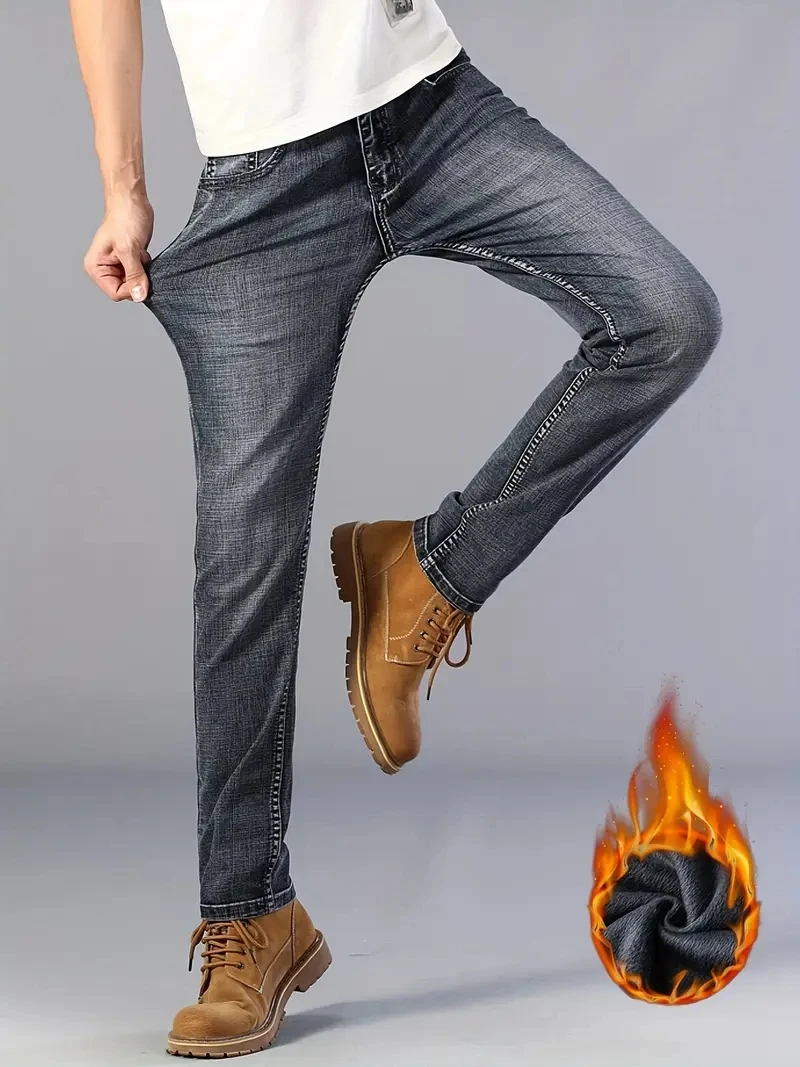Pantaloni in denim da lavoro in flanella calda termica elasticizzata dritta in pile invernale Abbigliamento di marca maschile Jeans da uomo d'affari alla moda