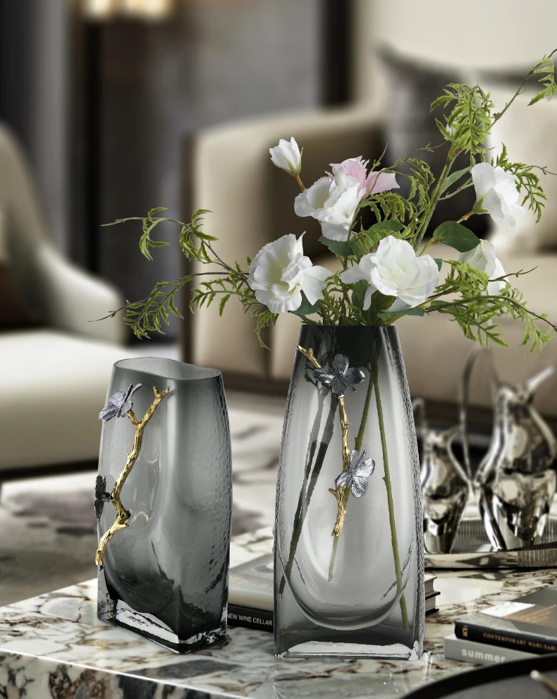 

&c Modern Home Decoration Ornaments Light Luxury Decorative Desktop Vases Nordic Style Minimalist Smoke Grey Glass Flower Vases