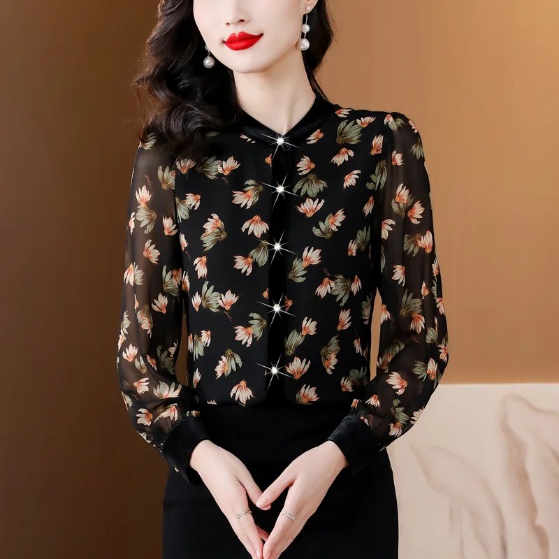 Ladies Spring Korean All-match Printing Diamonds Loose Stand-up Collar Cardigan Long Sleeved Shirts Women Clothes Elegant Tops