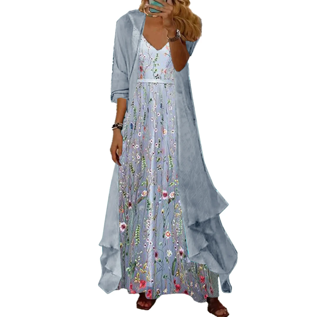 Plus Size Women's Long Sleeve V-neck Floral Printed Two Pieces Maxi Dress