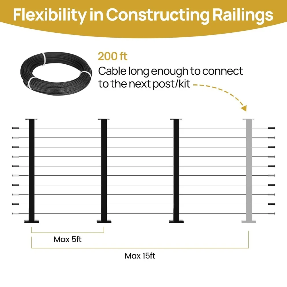 36" Cable Railing System Complete Set Stainless Steel Level Drilled Posts Kit Fixed Top No Handrail Easy Installation