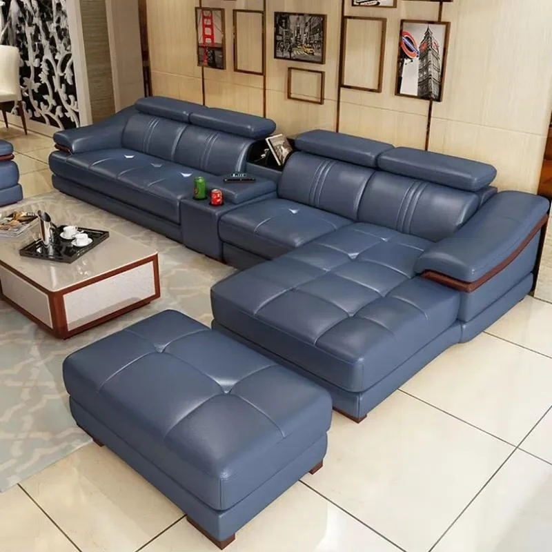 Wholesale Luxury Simple Leather L Shaped Sofa Set with Stool Modern Living Room Furniture Partition Sectional Couch