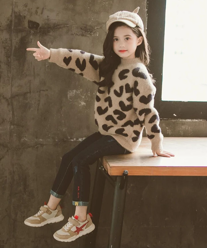 

4-14Y Girls Autumn Sweater 2025 New Kroean Fashion Thicken Fleece Long Sleeve O-neck Leopard Top Kids Winter Warm Clothes