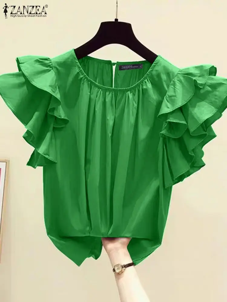 ZANZEA Women Solid Color Blouse Korean Fashion Ruffle Sleeveless Tank Tops 2024 Summer Pleated Tunic Casual Loose Office Blusa