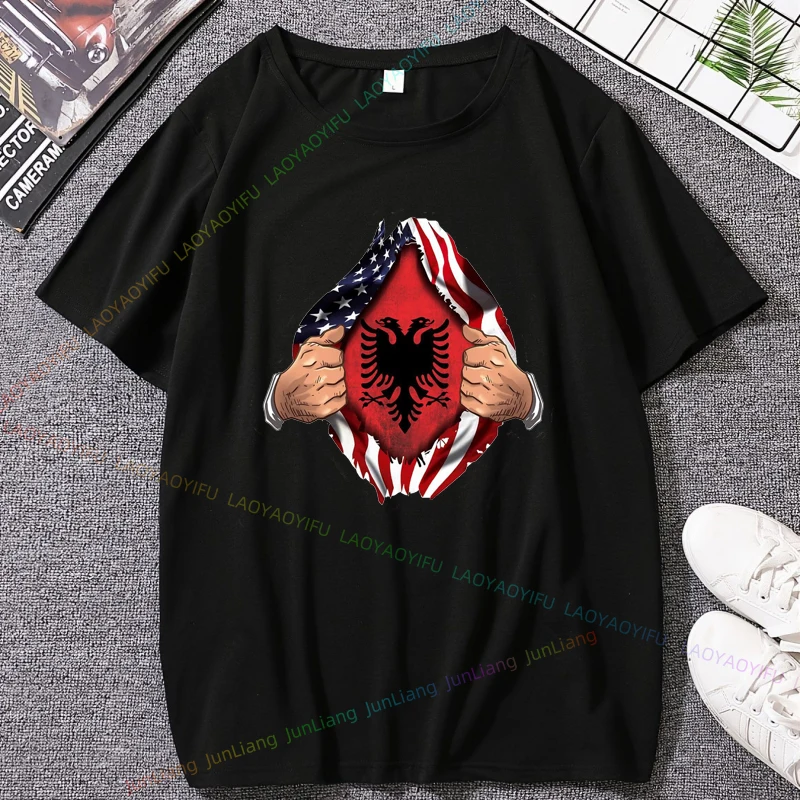 Albanian Flag Hero Men Albanian Eagle Amazing Tee Short Sleeve Mens Clothing 100% Cotton Unisex T-shirt Harajuku Men's Shirts