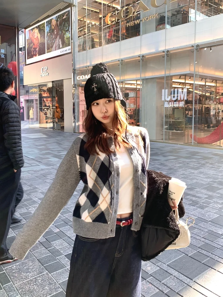 

Женский шерстяной кардиган-свитер KOYEE в клетку, прямой крой, длинный рукав, круглый вырез, для повседневной носки