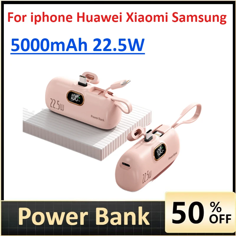 

5000mAh mini power bank Fast Charging with built-in cable for iphone Huawei Xiaomi Samsung powerbank