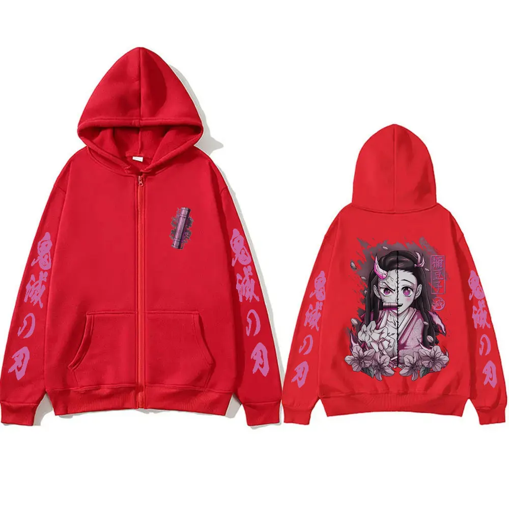 Anime Demon Slayer Kamado Nezuko Merch Zipper Hoodie Men Women Casual Oversized Zip Up Jacket Cartoon Manga Cosplay Streetwear