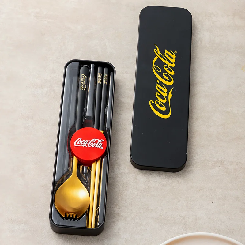 Coca Cola Draagbare Bestekset 2-in-1 304 Roestvrij Staal Reisvork Lepel met Etui voor Camping Picknick Buitenkeuken Cadeau