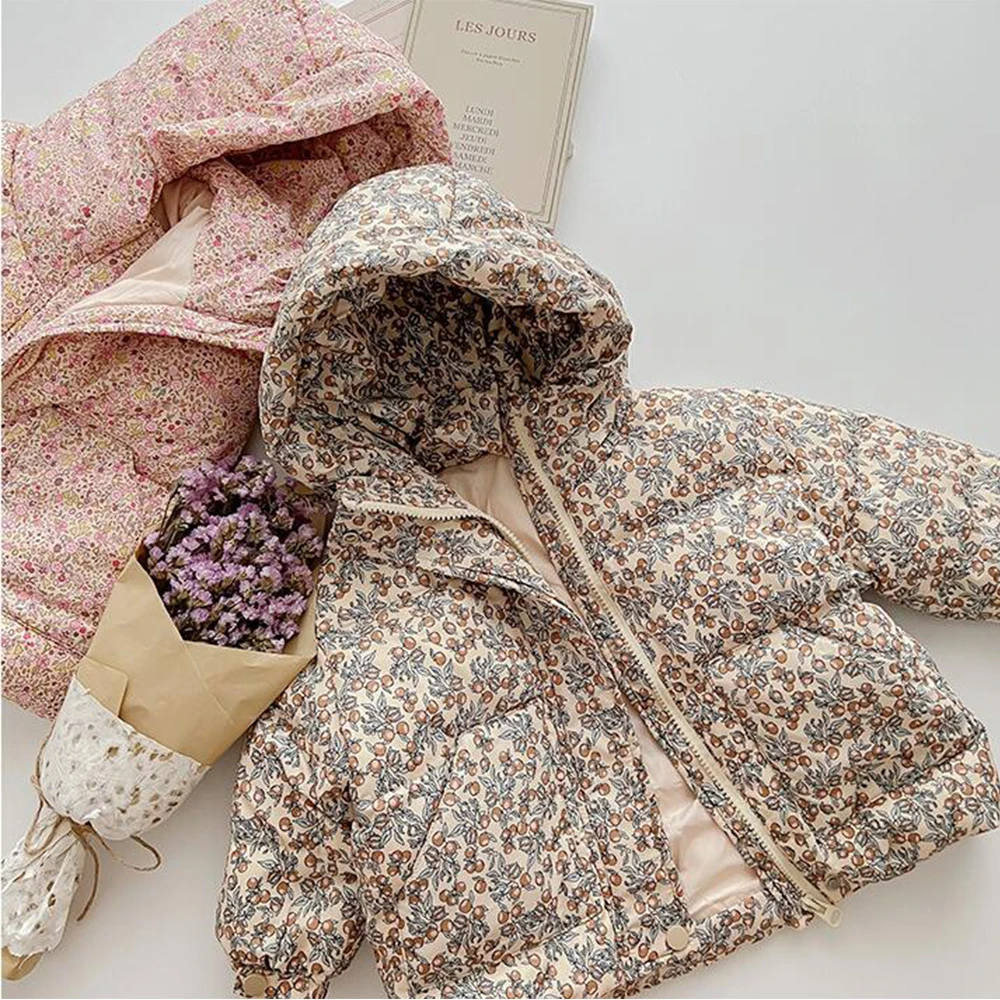 Kids Girls Warm Down Coat Floral Print Hooded Long Sleeve Thick Fluffy Puffer Jackets 2-6Y Children Autumn Winter Versatile Coat