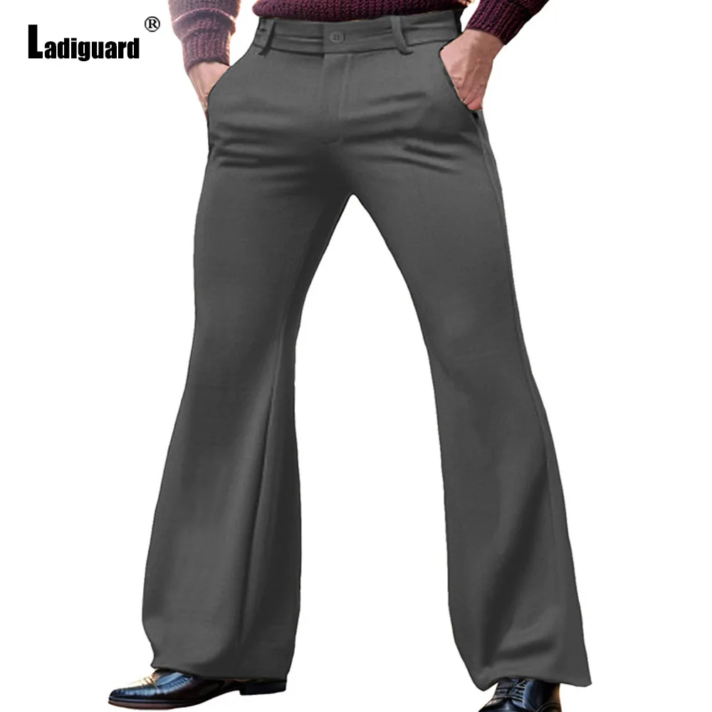 Ladiguard 2024 Male Stand Pocket Elegant Flare Pants Solid Khaki Soft Basic Trousers Plus Size Mens Fashion Buttons Up Pants New