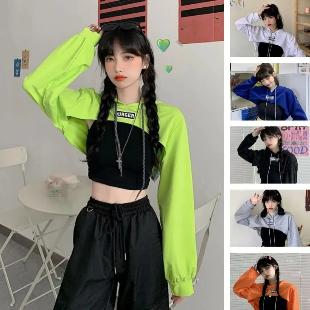 

All Match Y2K Ultra Short Hoodie Drawstring Loose Long Sleeve Crop Top Streetwear Tees Shrug Pullover Girls