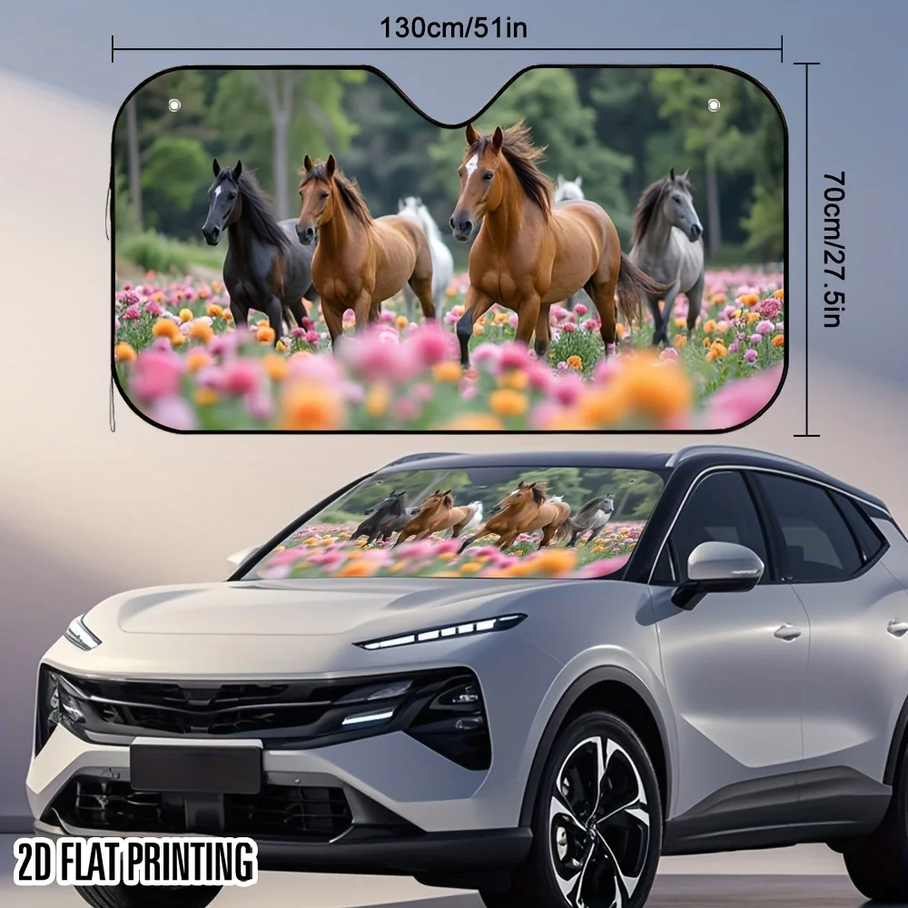 1pc Galloping Horse In Sea Of Flowers Print Car Sunshade - Foldable Fit With 4 Suction Cups, Heat-Resistant Car Interior Protect