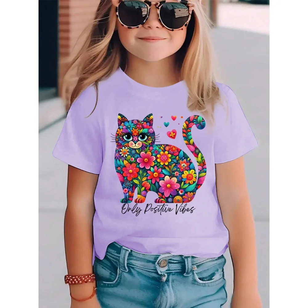 Kinderkleidung Mädchen 3D Graffiti Schwarze Katze Kurzarm Sommer Top Niedlich Lässig O-Ausschnitt Mehrfarbig Spritzer Kinderkleidung Mädchen – Detail 8