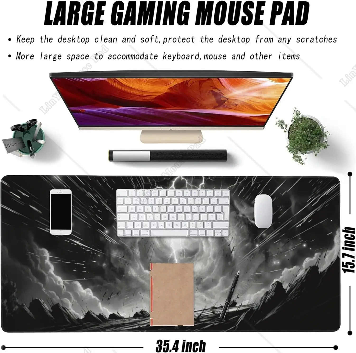 Anime Cool Lightning Extended Large Gaming Mouse Pad XXL with Non-Slip Rubber Base Stitched Edges for Home Office 35.4X15.7 inch