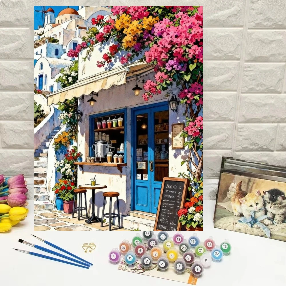 Oil Painting Santorini Mediterranean Coffee Shop Scenery By Numbers Wall Decor for Living Room Bedroom Home Decor Gift No Frame