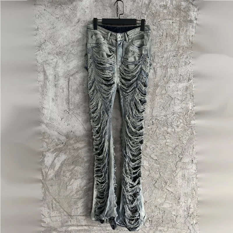 Hksh primavera novo homem maré pontos duplos buracos rasgados angustiados perna larga calças jeans vintage bainha desfiada queimado cintura alta hk10421