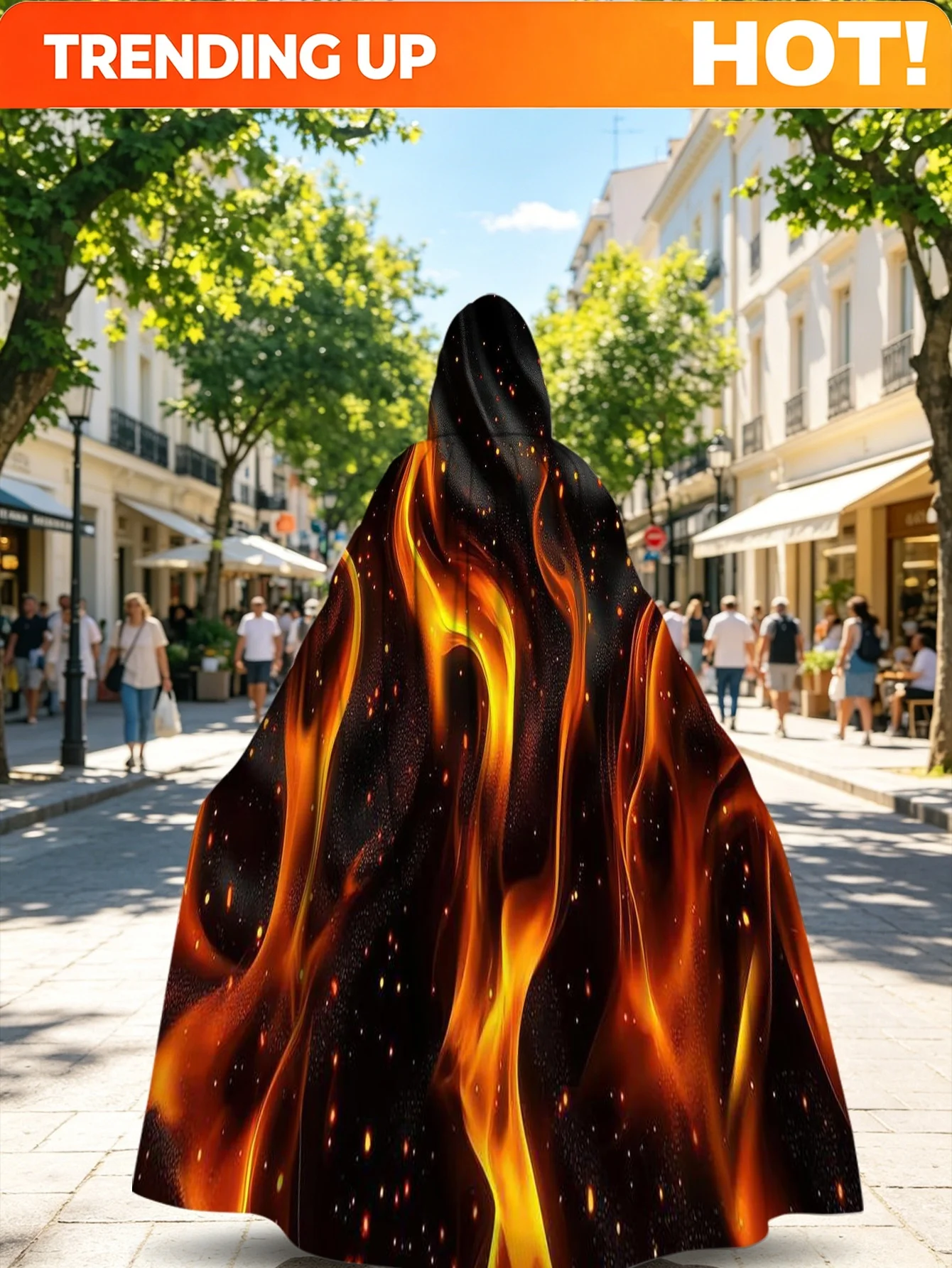 Customization 1pc 1pcs Hooded Cloak Costume With Flames & Sparks Print - 100% Polyester Machine Washable Hooded Robe Suitable Fo