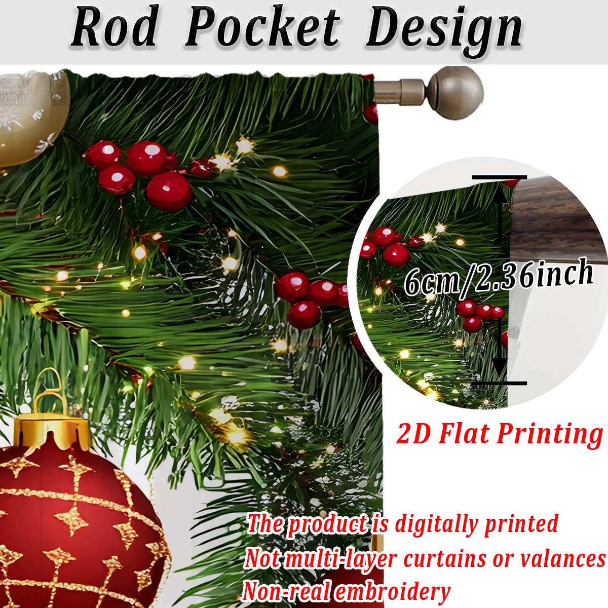 クリスマスフラットプリントシアーカーテン、クリスマスオーナメント、松ぼっくり付き、リビングルーム、ベッドルーム、パーティー、ドア、窓の装飾用
