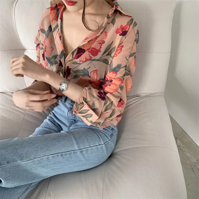 Purple Print camisas e blusas Summer Shirts Women Sheer Thin Chic Simple Sun-proof Temper Fashion Basic Korean Style Clothes