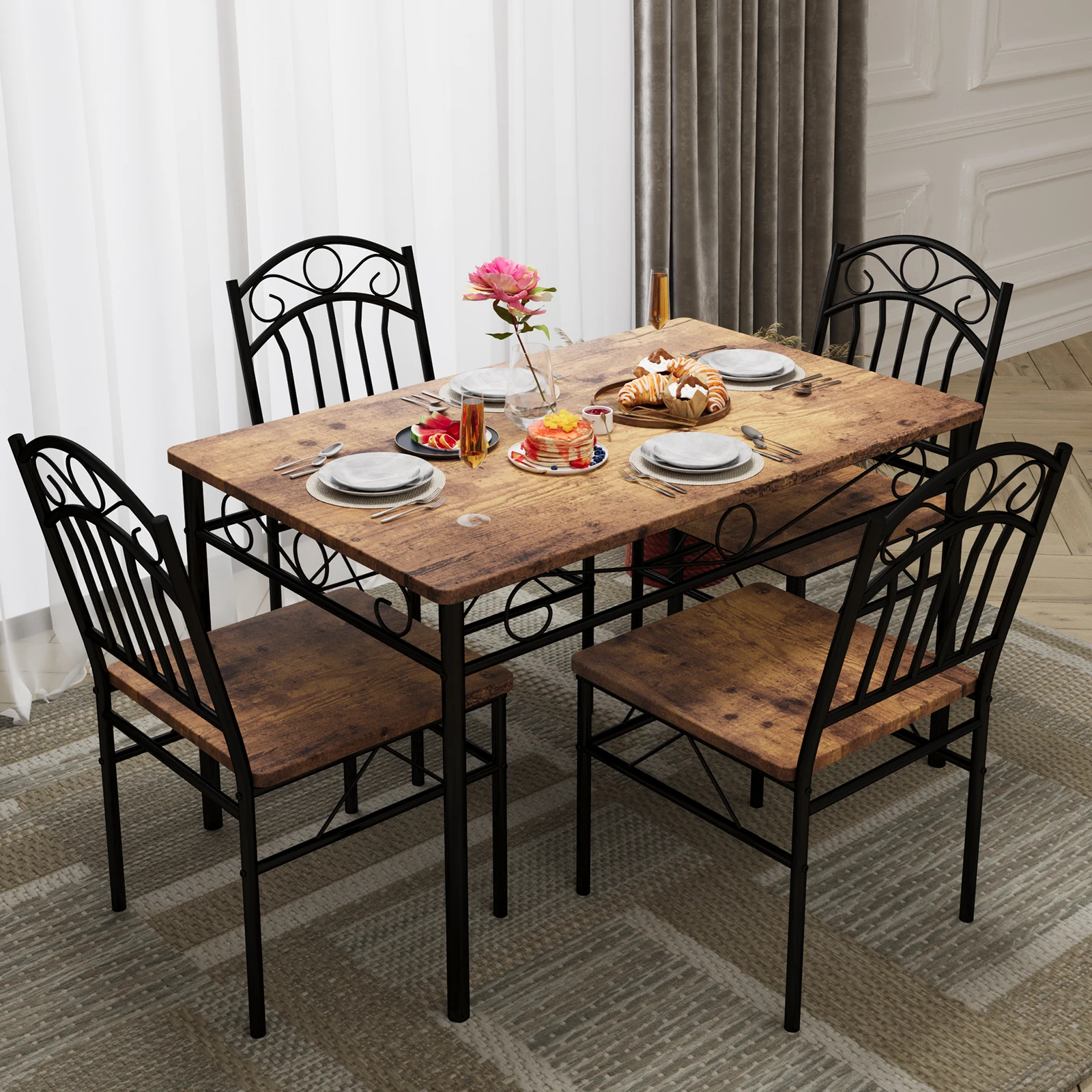 Dining Table Set for 4, Rustic Wood Grain Dining Table with Black Metal Frame, 5 Piece Kitchen Table Set with 4 Metal Dining Chairs for Small Space Breakfast Nook