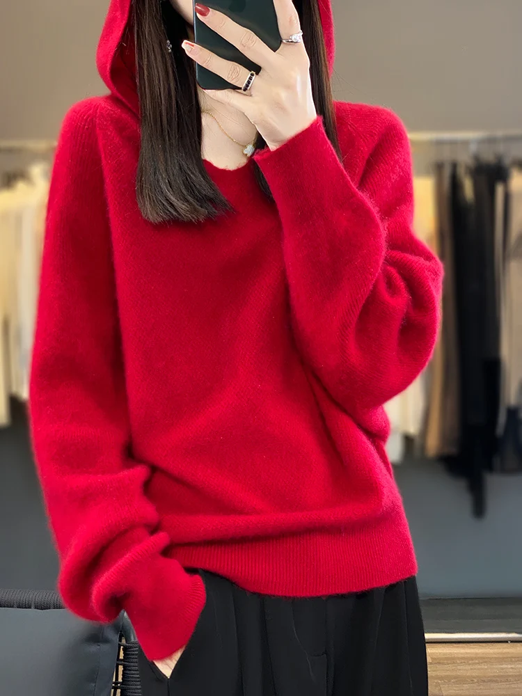 Fashion Loose Style Long Sleeve Cashmere Women Knitwear Sweater 100% Merino Wool Mock-Neck Pullover Hoodies Clothing Tops