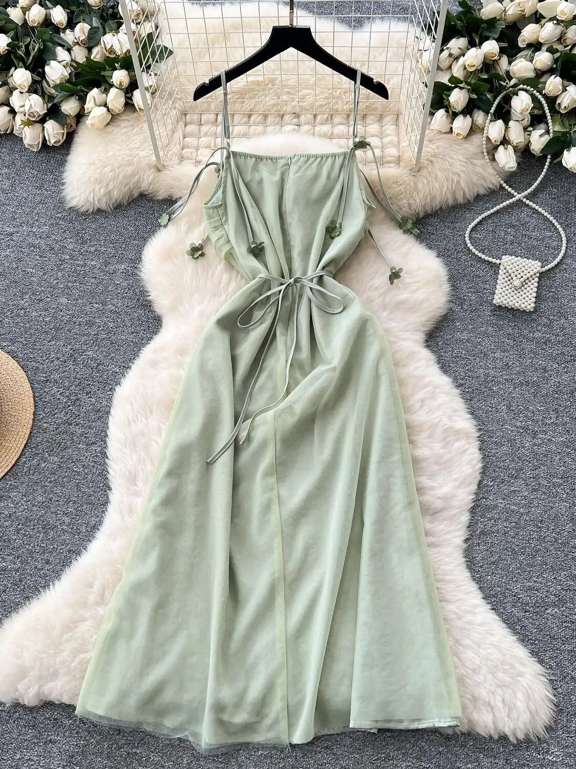 ภาษาฝรั่งเศสคําสีเขียวชุดชายหาดผู้หญิงฤดูร้อนดอกไม้สามมิติตาข่ายชุดยาวสุภาพสตรี Slim A-Line Boho ยาว Robe Vestidos