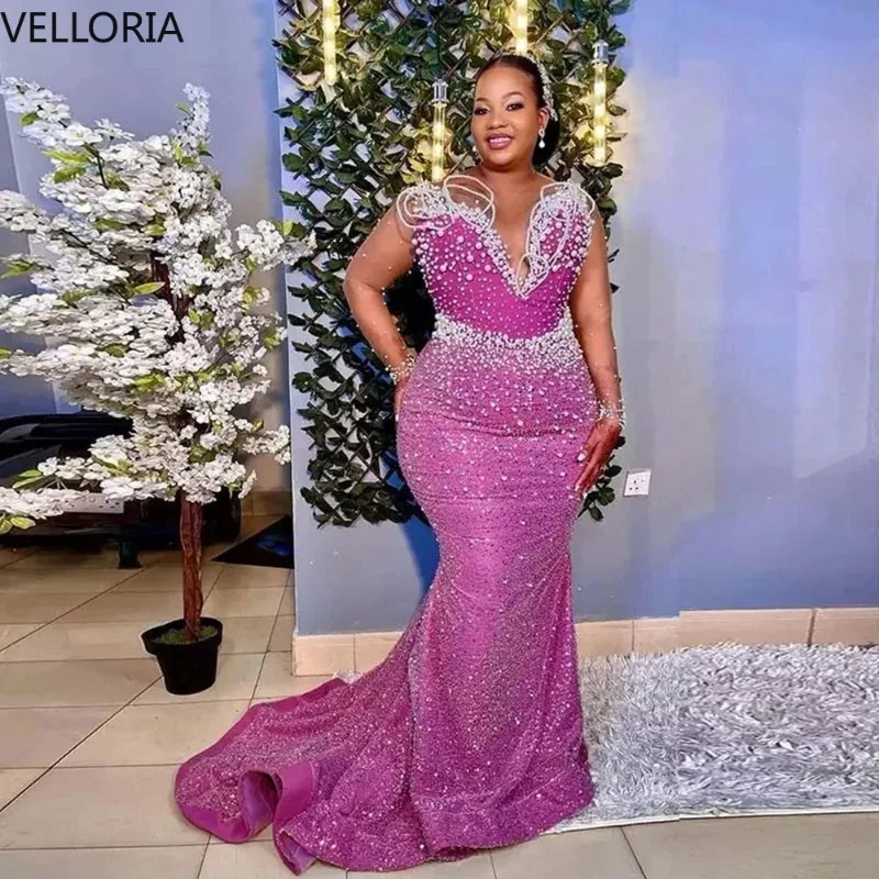 

Роскошное розовое вечернее платье русалки с пайетками для женщин, вечернее платье с длинными рукавами и бисером, вечернее платье с кружевными плечами по индивидуальному заказу