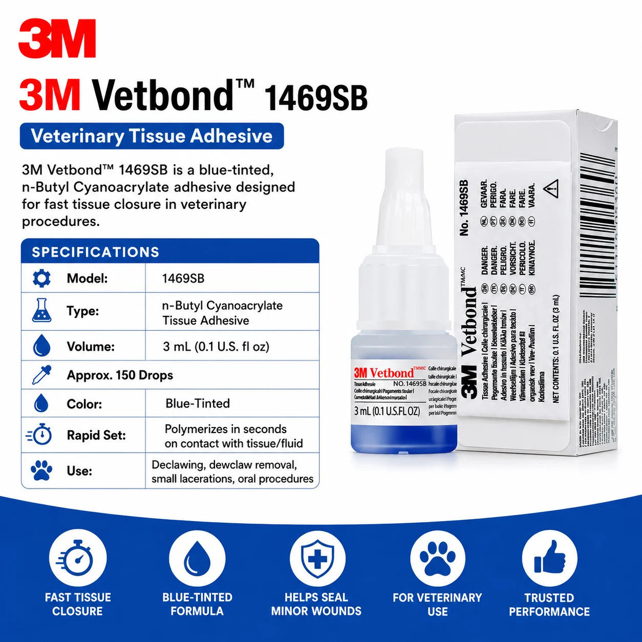 Original 3M 1469SB Vetbond Veterinary Tissue Glue 3ml Fast Bonding Adhesive for Pet Wound Closure view 3