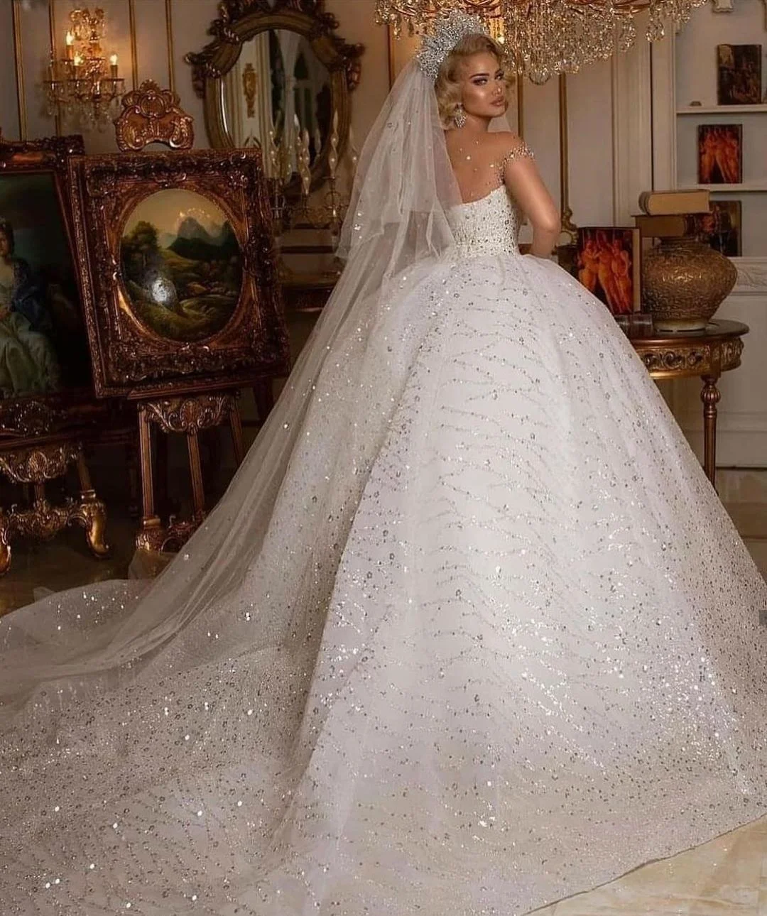 Vestido De novia De lentejuelas De lujo para mujer, vestido De baile De princesa, tul transparente con cuentas De corazón, manga De casquillo, vestidos De novia