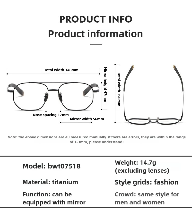 Light Pure Titanium Frames Retro Polygon Spectacle Pilot Retro Double Bridge Customized Optical Prescription Eyeglasses Men