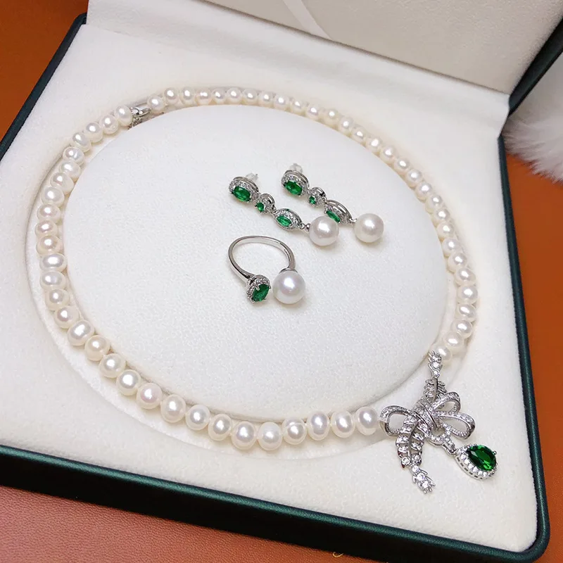 Set freshwater Pearl white 7-8mm necklace earrings Ring party wedding  women's jewelry green zirocn pendant clasp