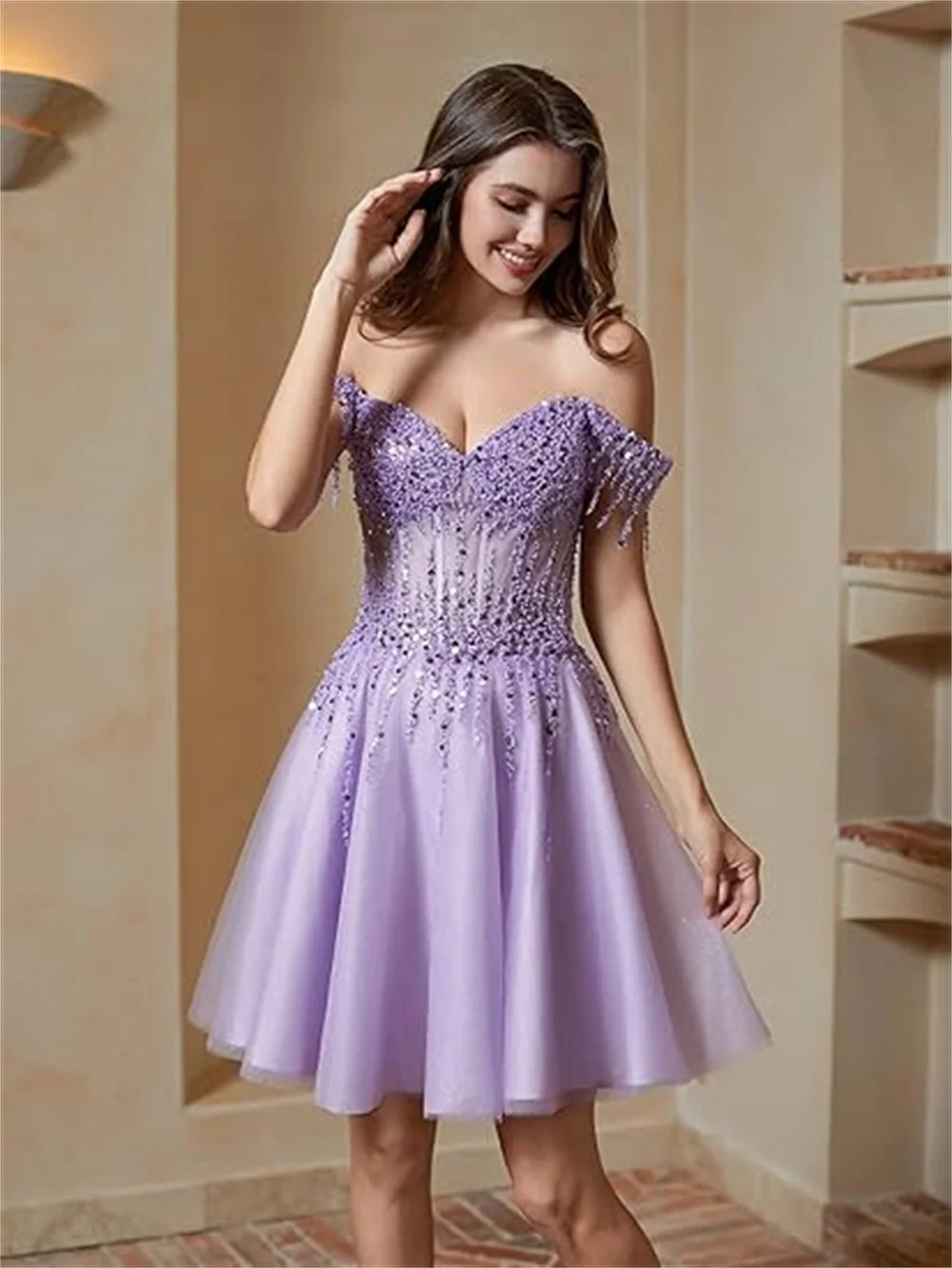 

Sparkly Sequin Tulle Short Homecoming Dresses For Teens Off Shoulder Mini Backless Cocktail Dress Shiny Beaded A Line Party Gown