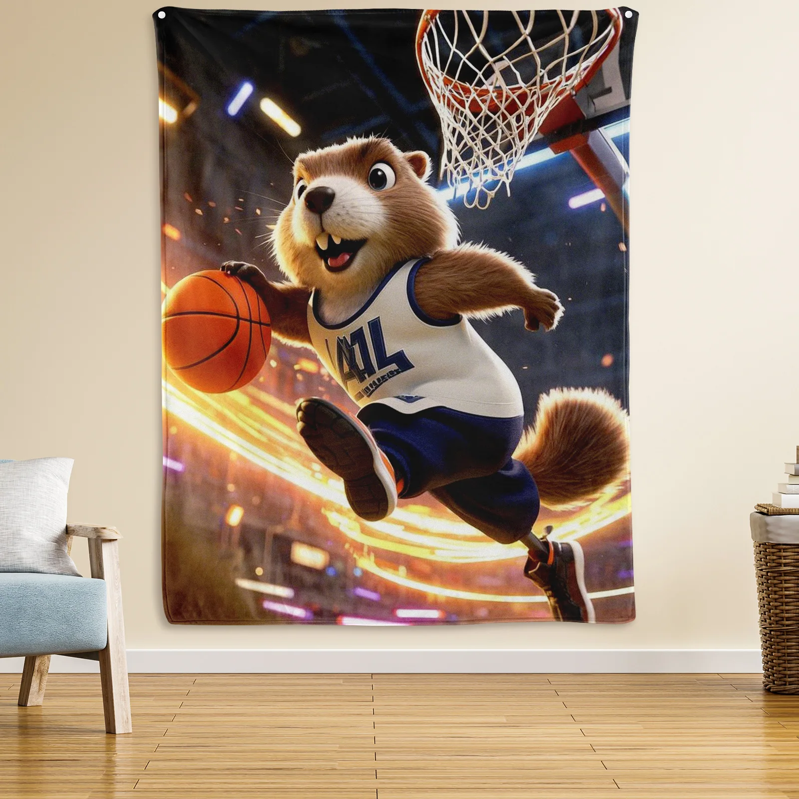 

Sporty Whimsical Groundhog Playing Basketball With Abstract Neon Glow Tapestry Blanket For Fun And Vibrant Home Decor Aesthetic