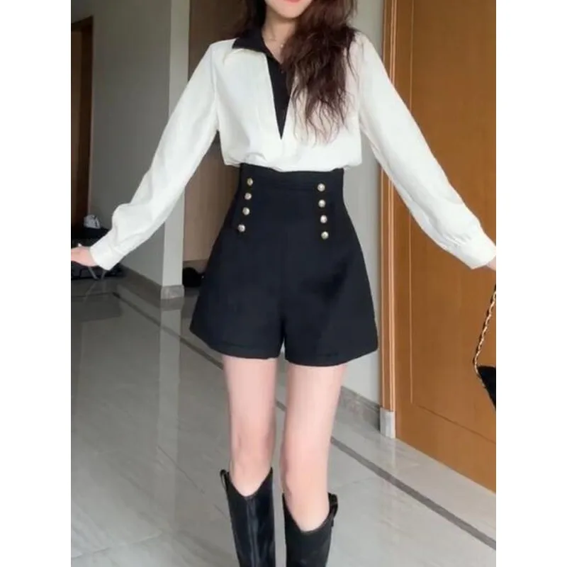 ارتفاع الخصر منقوشة بنطال ذو قصة أرجل واسعة المرأة الخريف الشتاء نمط جديد زر مزدوج المألوف التمهيد قطع بنطلون TT891 #4