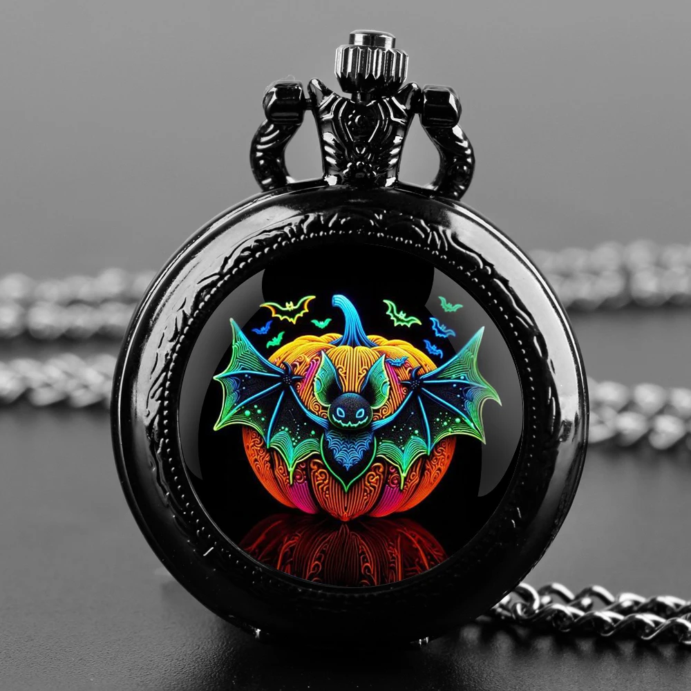 

Pumpkin Bat Glass Dome Quartz Pocket Watch With Durable Chain Arabic Numeral Dial Halloween Gifts for Kids