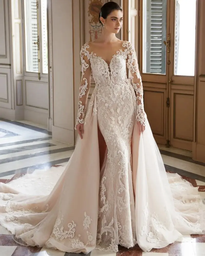 

Luxury Mermaid Wedding Dresses Lace Appliques Sheer Neck Bridal Gowns Detachable Train Sleeves Sexy Backless Vestidos De Mariee