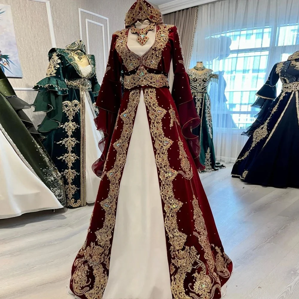 Burgunderroter marokkanischer Kaftan, muslimische Abendkleider, A-Linie, lange Ärmel, Applikationen, Dubai, arabische Abaya, islamisches Kleid, individuell gestaltet