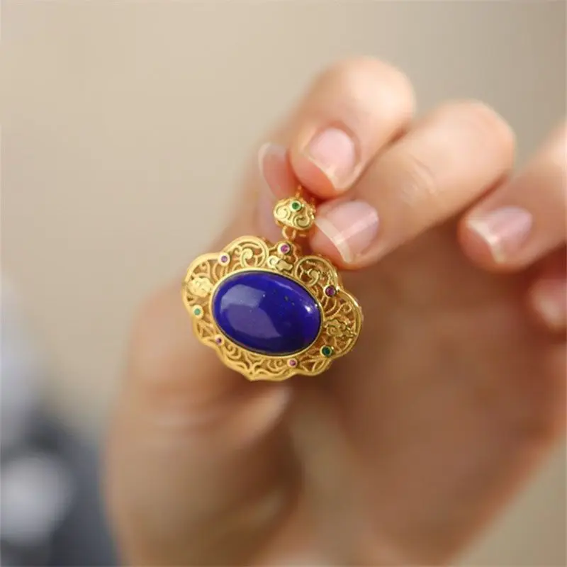 Classical lapis lazuli necklaces High sense Elegant simple ancient gold craft Hollow crystal dark blue pendant Fashion jewelry view 4