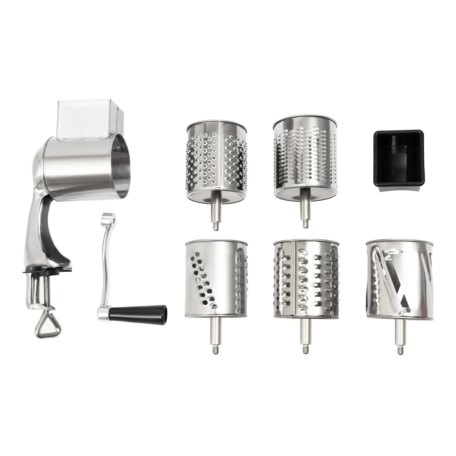 Silver Manual Stainless Steel Rotary Grater with 5 Different Drum Blades Rotary Cheese Vegetable Shredder For Shredding, Slicing