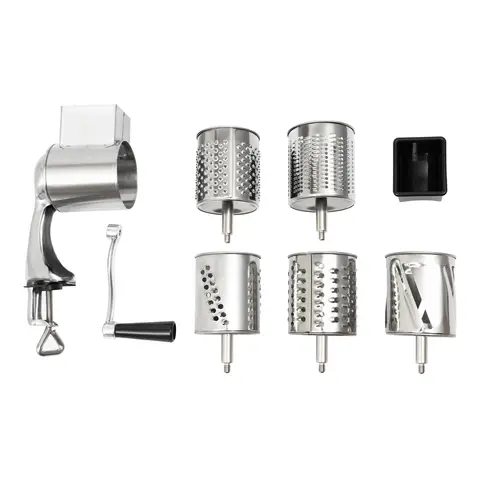 Silver Manual Stainless Steel Rotary Grater with 5 Different Drum Blades Rotary Cheese Vegetable Shredder For Shredding, Slicing