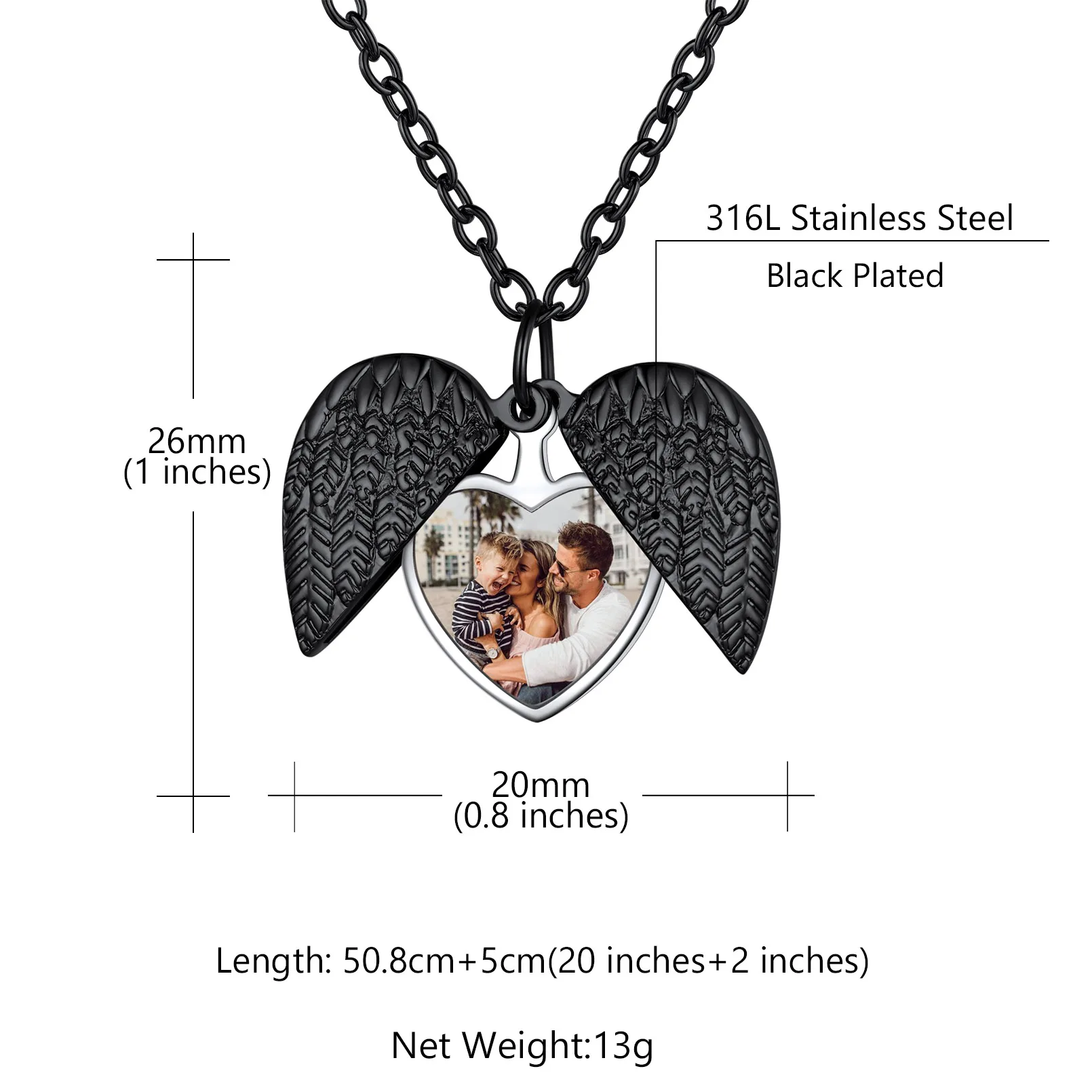 U7 Personalized Heart Locket Necklace Angel Wings Pendant with Photo Printing Dainty Color Picture Memorial Jewelry for Women