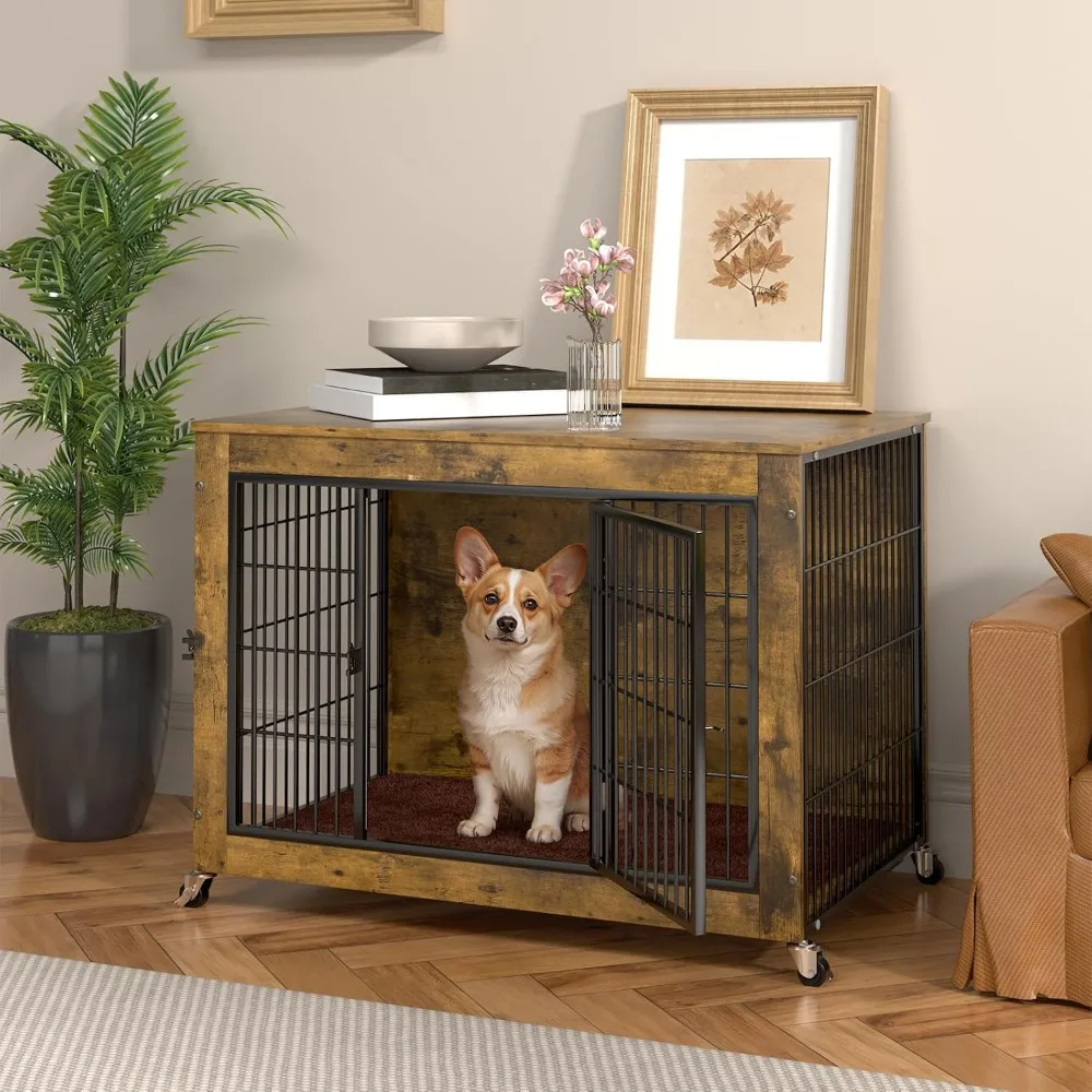 

Dog Crate Furniture with Cushion, 32 Inch Wooden Dog Kennel Furniture Indoor, Heavy Duty Dog Crates for Small Medium Dogs,