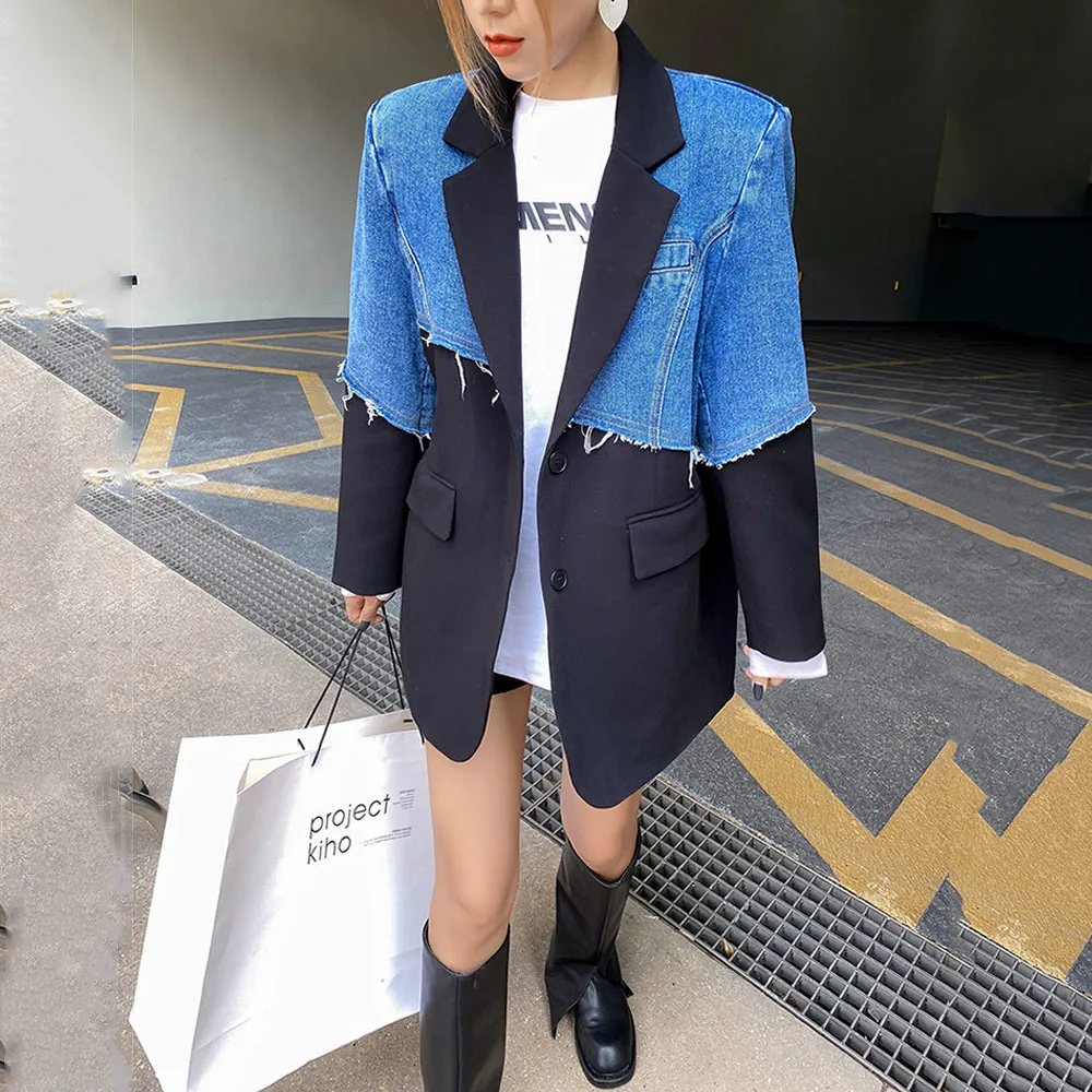 Spring Vintage Denim Spliced Blazer Women\'s Autumn 2022 New Notched Loose Single Breasted Long Sleeve Suit Coat Female