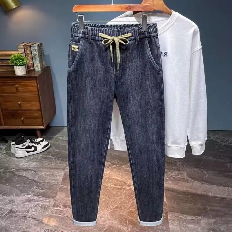 

Trendy Elastic Waist Jeans Men's Spring Autumn Casual Loose Fit Straight Leg Jeans Youth Popular Style Comfortable Harlan Pants