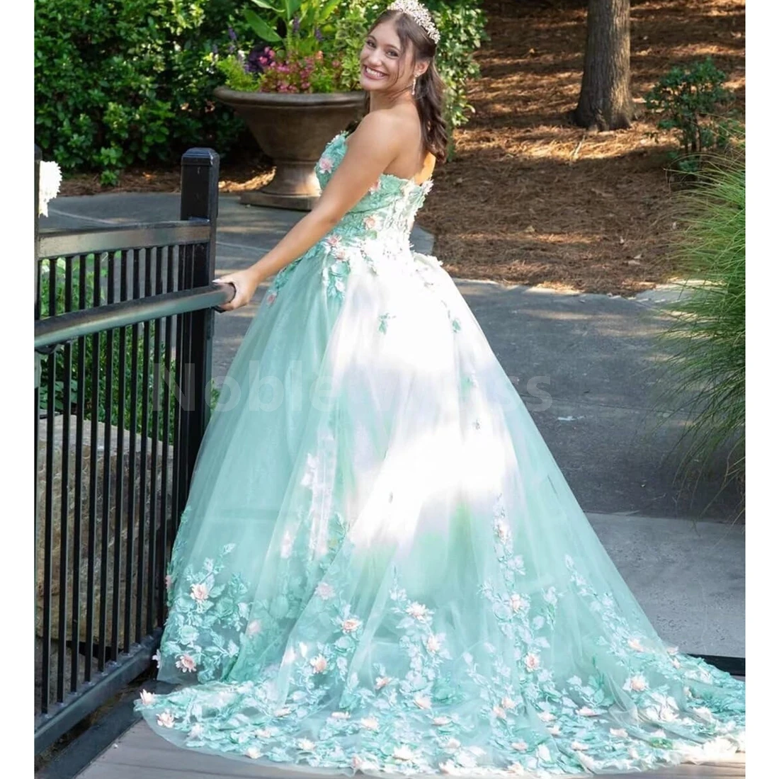Strapless Quinceanera Dresses with Train Applique Tulle Sweet 16 Dresses 3D Flower Puffy Quinceañera Dress Customized image 4