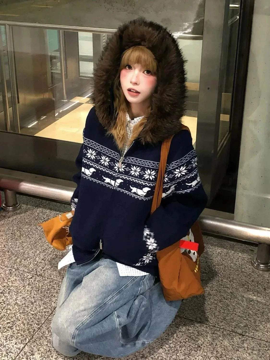 

Cardigans Blue Sweaters Womens Spring Thicker Fur Natural Slim Gothic Polychrome Ethnic Removable Classic Splicing Knitwaers Y2K