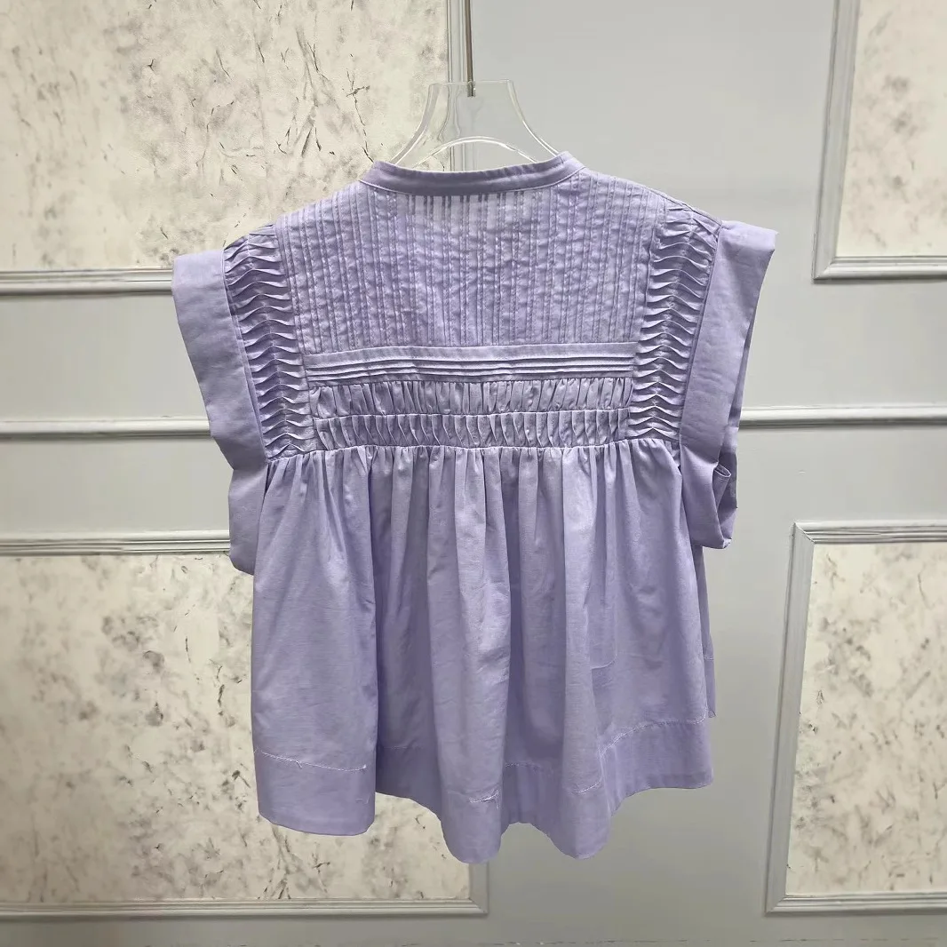 

2025 Isabels Marants Fashion T-Shirt French Sweet Romantic Purple Pleated Pure Desire Wind Dash Sleeve Loose Shirt Tank Women