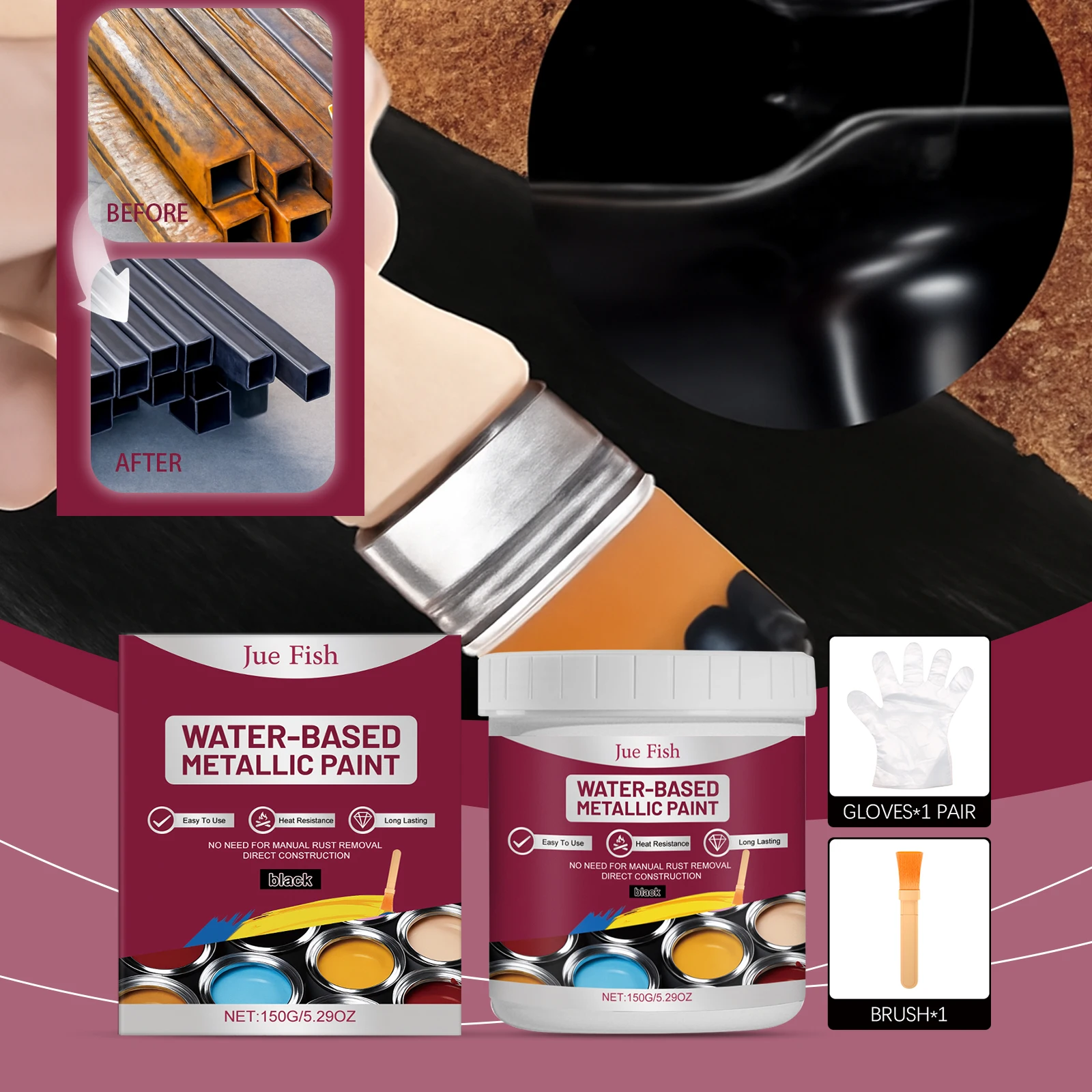 Water-Based Metal Rust Converter Paint Black Anti-Rust Protective Coating for Cars Iron Fences DIY Brush Kit